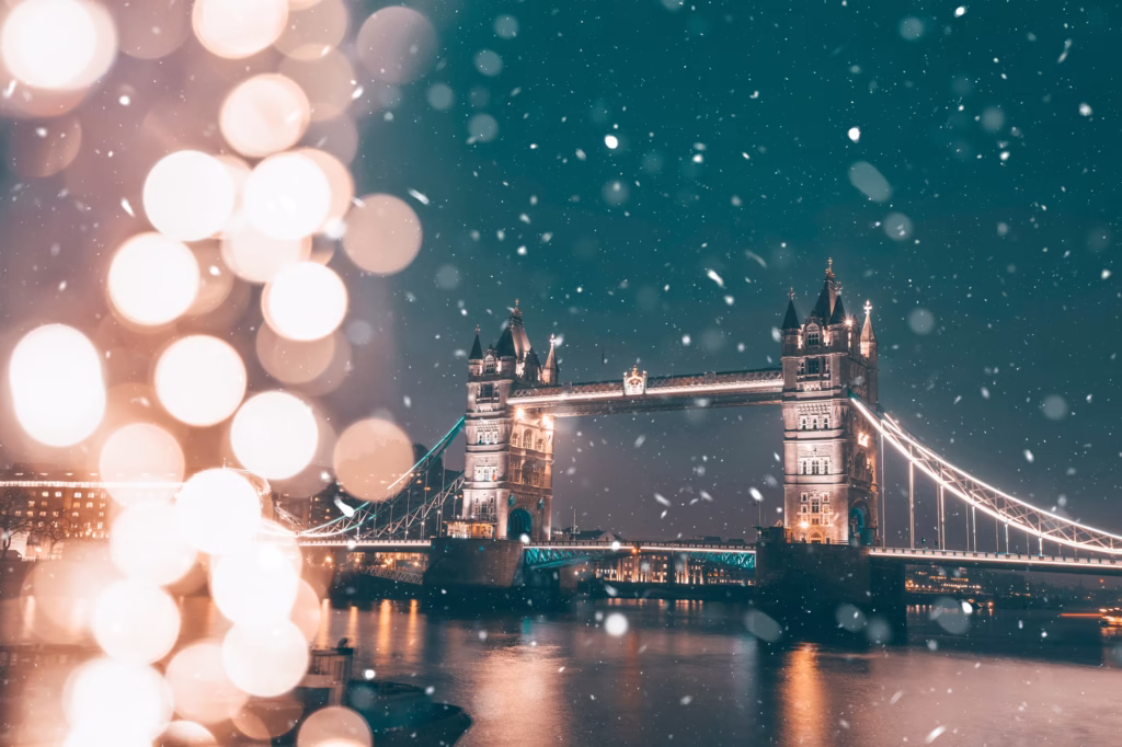 Winter in London - snowfall and magic lights in London